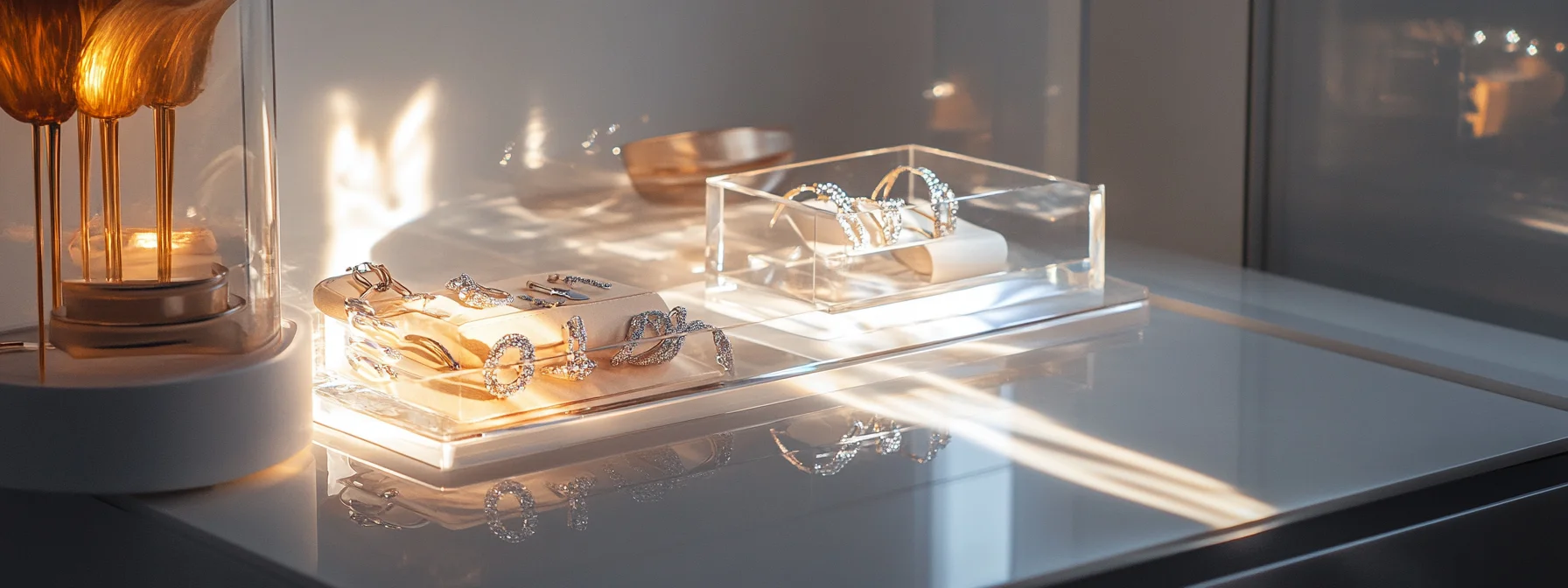 Elegant stacked jewelry box and other acrylic jewelry boxes on a dresser with sunlight.